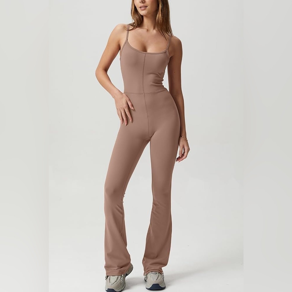 QINSEN Spaghetti Strap Scoop Neck Flared Jumpsuit Onesie Tan Brown Size XL